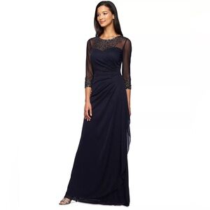Alex Evenings Navy Draped Sweetheart Embellished Gown size 18